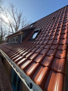 Detailfoto Gaubenverkleidung, Veluxfenster und Dachziegel